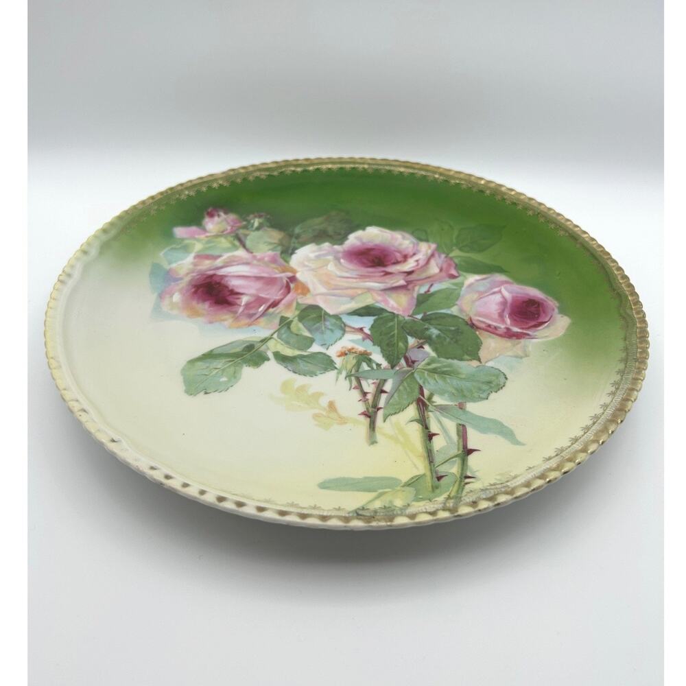 Porzellanfabrik Moschendorf Cabinet Plate 12" Charger Green Roses Antique - Picture 2 of 7